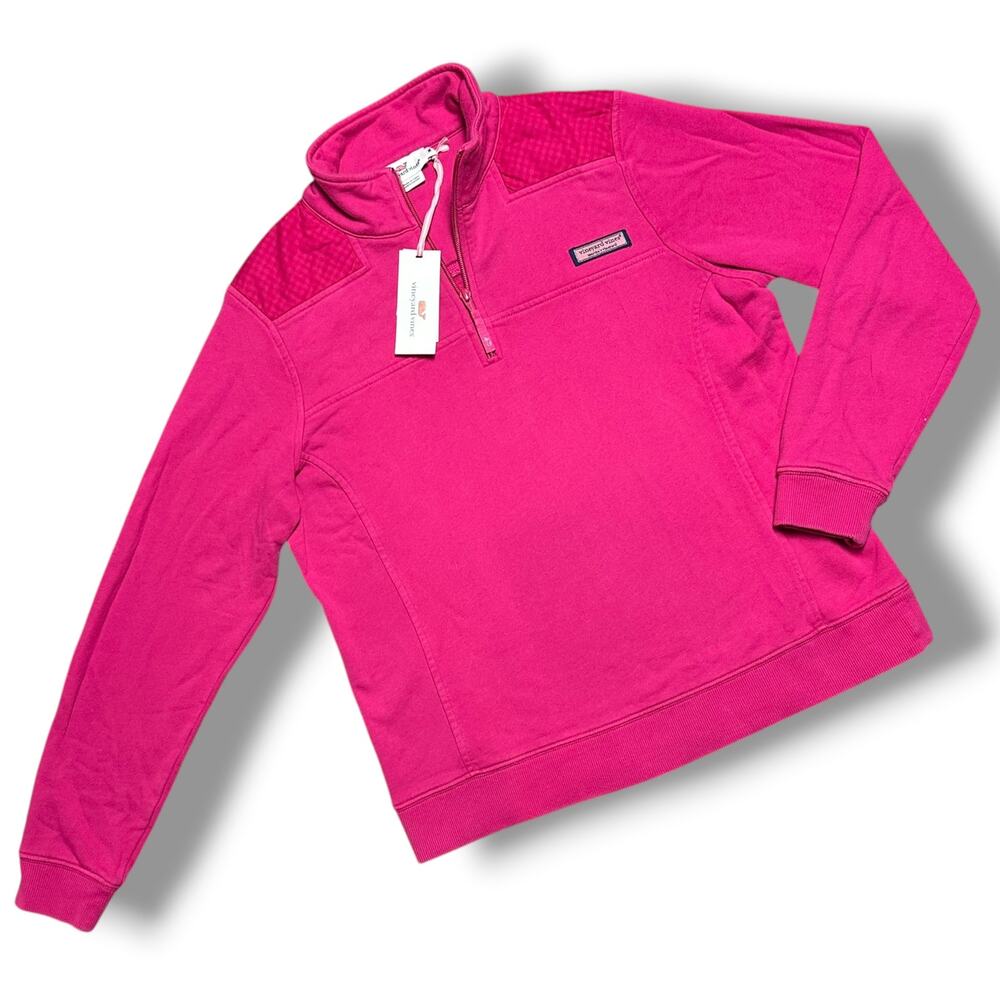 NWT Vineyard Vines Quarter Zip Sweatshirt Pink Fuchsia Gingham Cotton Sz M